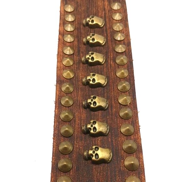Skull and Spiked Brown Leather Bracelet-New 9 Inches Unisex - Picture 8 of 8